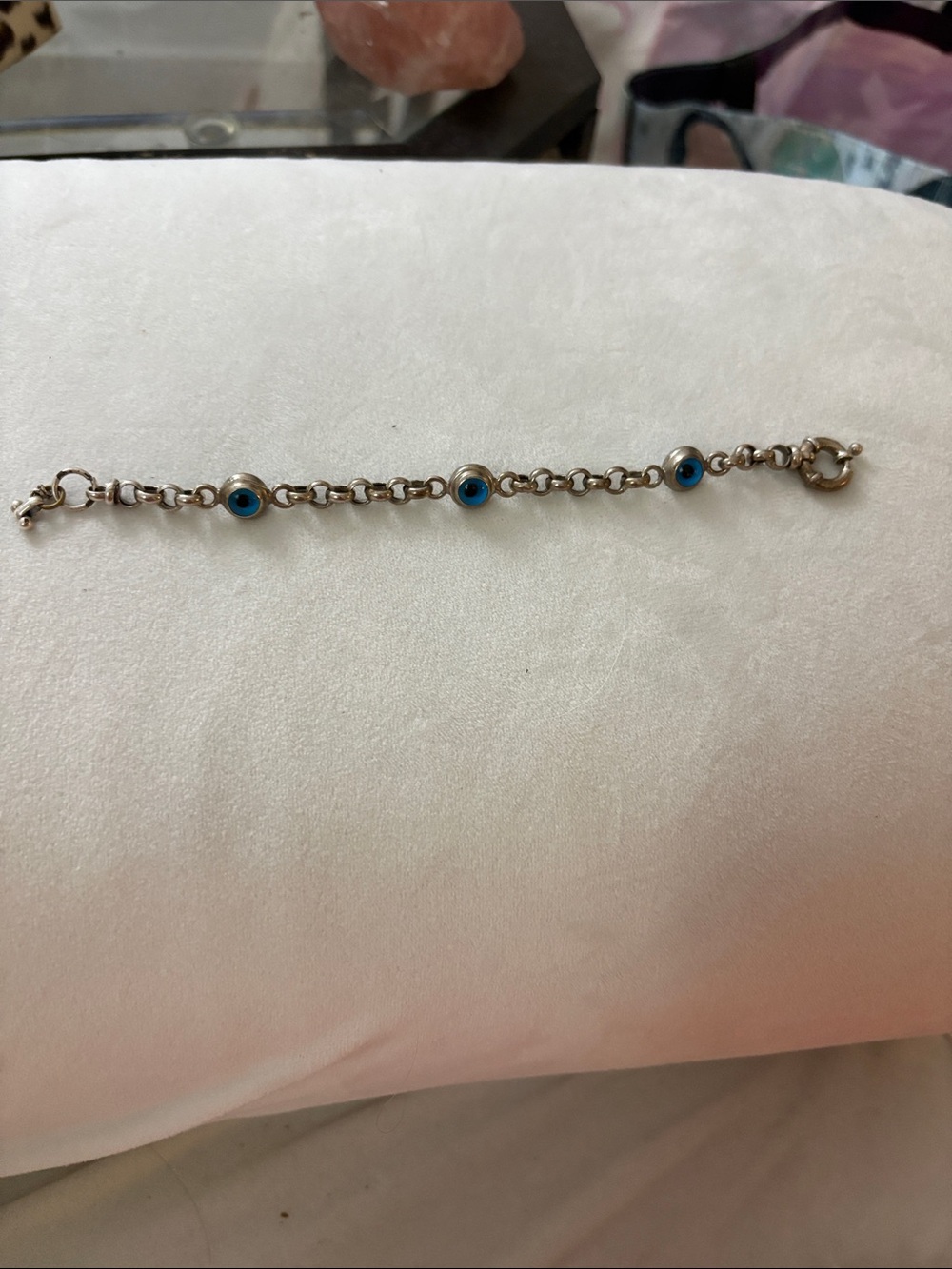 Vintage Silver Link Bracelet with Blue Evil Eye Accents